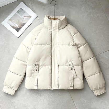Cozy Puffer Jacket for Women with High Stand Collar Long Sleeve Zip Up Padded Short Style