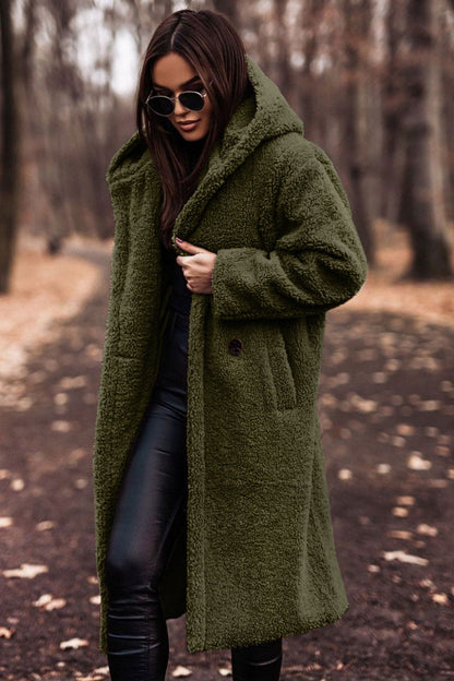 Effortless Teddy Fleece Winter Coat for Women with Hooded Collar Long Sleeve Oversized Longline Style