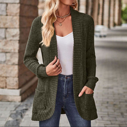 Cozy Knit Cardigan for Women with Open Front Long Sleeve Ribbed Pocket Relaxed Style