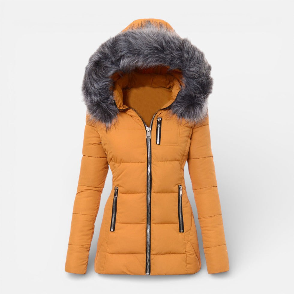 Cozy Puffer Jacket for Women with Faux Fur Hood Long Sleeve Zip Up Fitted Padded Style