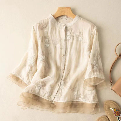 Elegant Floral Embroidered Blouse for Women with Stand Collar Elbow Sleeve Layered Ruffle Hem Style