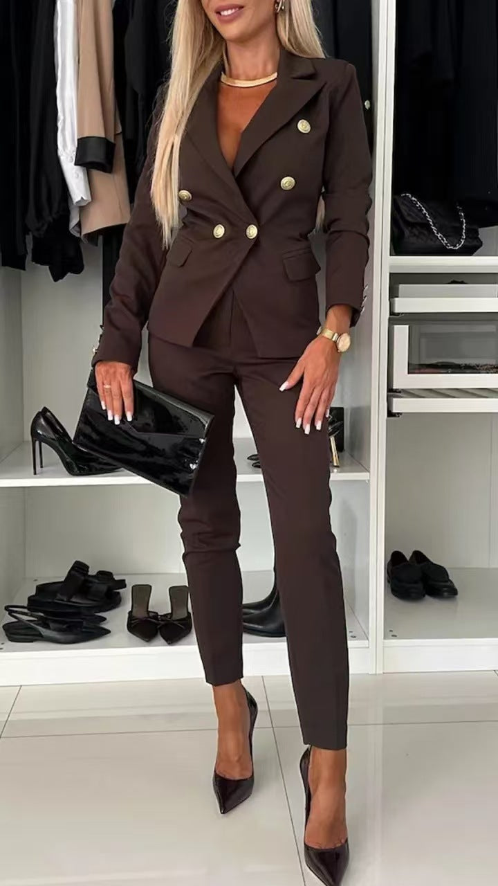 Elegant Blazer Flared Pants Set for Women with Notched Lapel Long Sleeve Double Breasted Suit Style