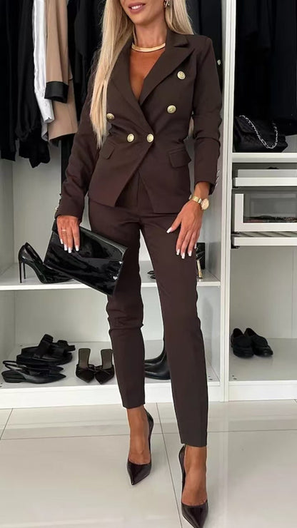 Elegant Blazer Flared Pants Set for Women with Notched Lapel Long Sleeve Double Breasted Suit Style