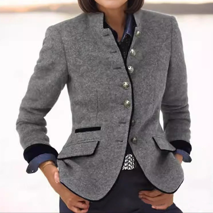 Elegant Wool Blazer for Women with Stand Collar Long Sleeve Contrast Trim Tailored Style