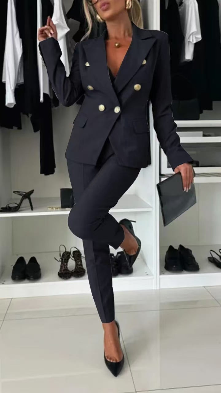 Elegant Blazer Flared Pants Set for Women with Notched Lapel Long Sleeve Double Breasted Suit Style