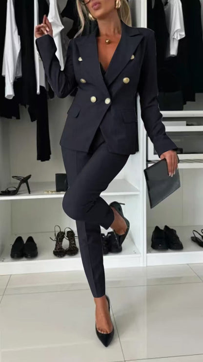 Elegant Blazer Flared Pants Set for Women with Notched Lapel Long Sleeve Double Breasted Suit Style