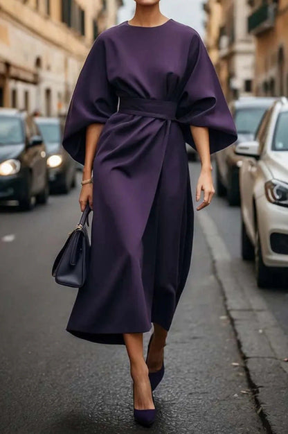 Elegant Belted Midi Dress for Women with Round Neck Bell Sleeve Wrap Flowing Style