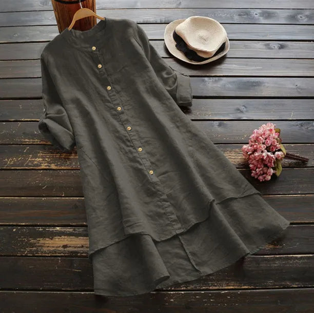 Effortless Linen Shirt Dress for Women with Button Down Layered Hem Design