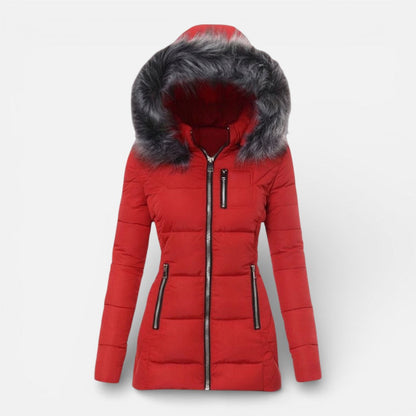 Cozy Puffer Jacket for Women with Faux Fur Hood Long Sleeve Zip Up Fitted Padded Style
