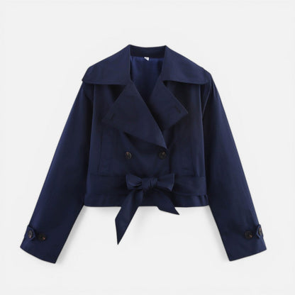 Effortless Cropped Trench Jacket for Women with Notch Collar Long Sleeve Double Breasted Belted Bow Style