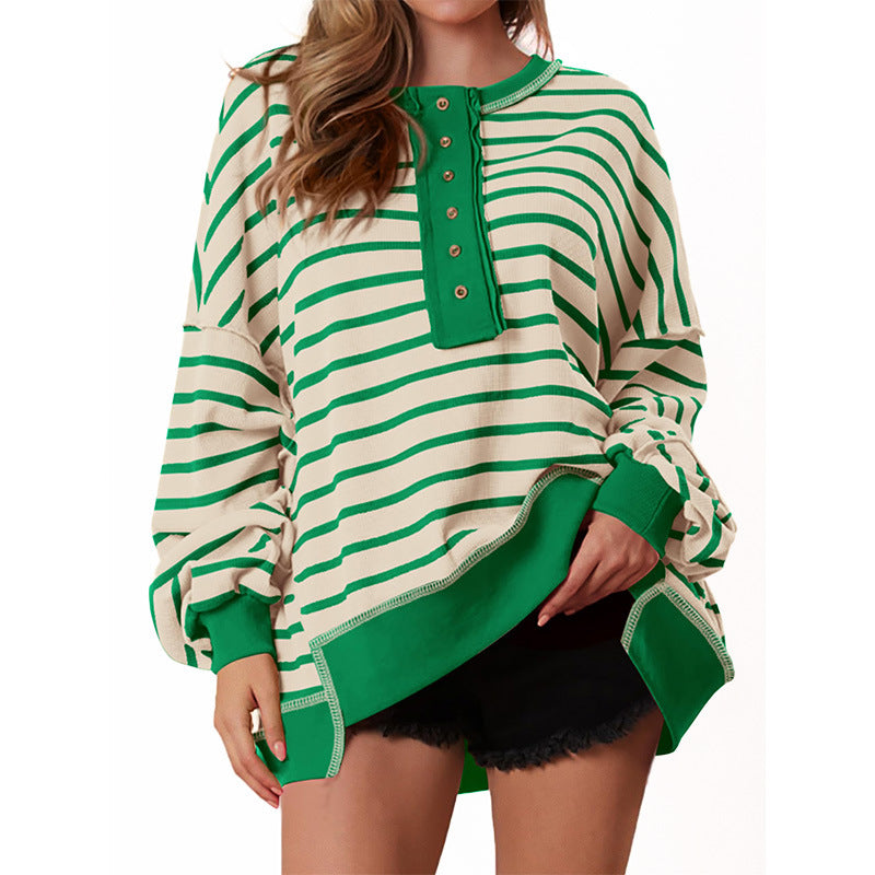 Cozy Oversized Sweatshirt for Women with Button Neck Long Sleeve Striped Relaxed Style
