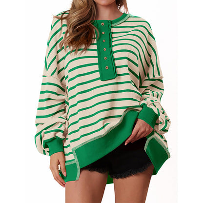 Cozy Oversized Sweatshirt for Women with Button Neck Long Sleeve Striped Relaxed Style