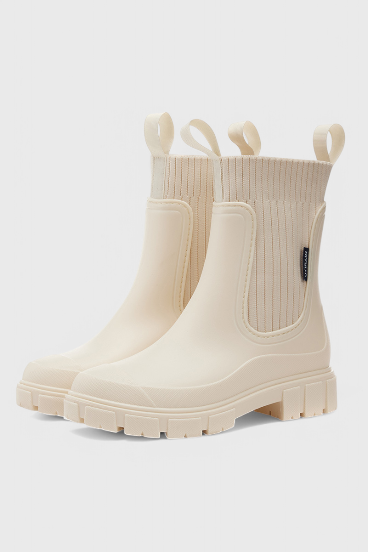 Stylish Ribbed Knit Waterproof Boots for Women with Chelsea Pull Tab Lug Sole Rain Style