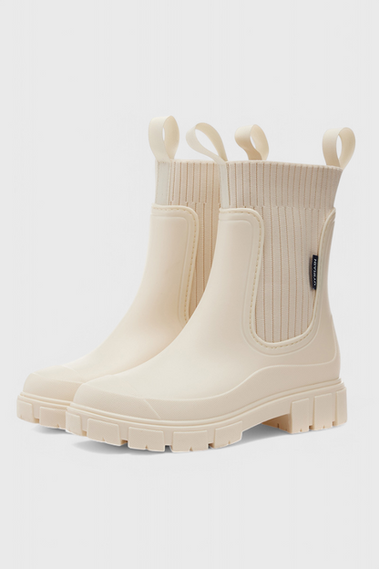 Stylish Ribbed Knit Waterproof Boots for Women with Chelsea Pull Tab Lug Sole Rain Style