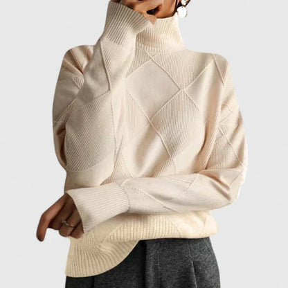 Comfortable Diamond Quilted Sweatshirt for Women with Turtleneck Long Sleeve Relaxed Oversized Knit Style