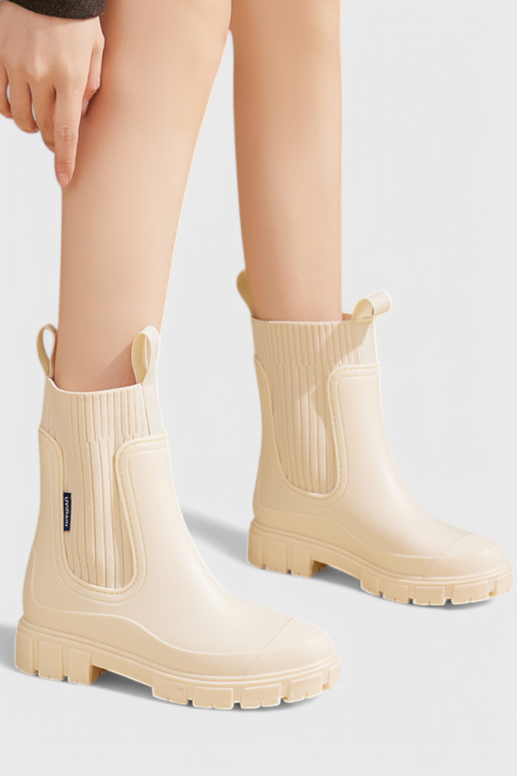 Stylish Ribbed Knit Waterproof Boots for Women with Chelsea Pull Tab Lug Sole Rain Style