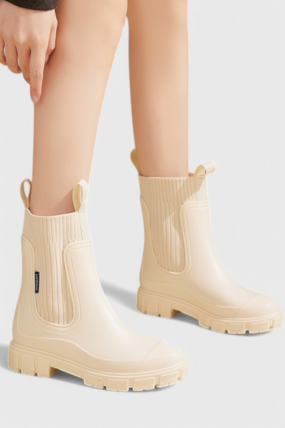 Stylish Ribbed Knit Waterproof Boots for Women with Chelsea Pull Tab Lug Sole Rain Style
