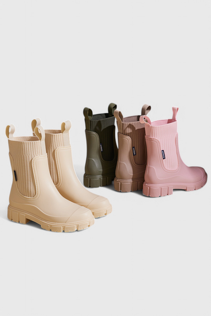 Stylish Ribbed Knit Waterproof Boots for Women with Chelsea Pull Tab Lug Sole Rain Style