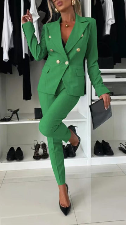 Elegant Blazer Flared Pants Set for Women with Notched Lapel Long Sleeve Double Breasted Suit Style