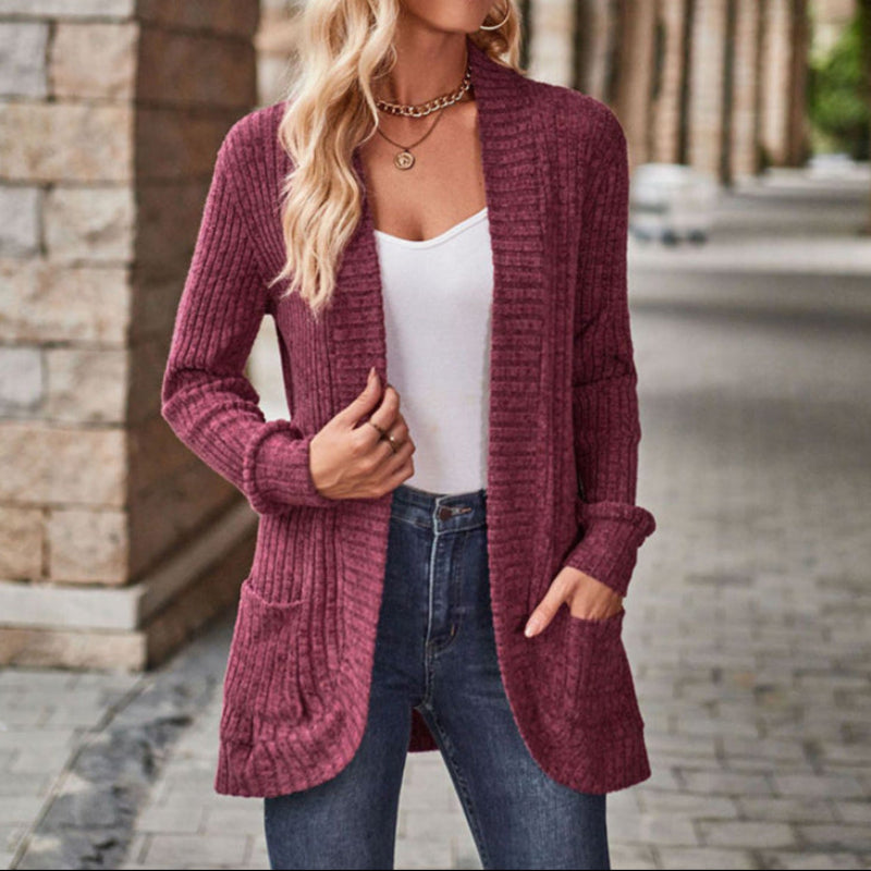 Cozy Knit Cardigan for Women with Open Front Long Sleeve Ribbed Pocket Relaxed Style