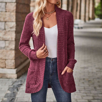 Cozy Knit Cardigan for Women with Open Front Long Sleeve Ribbed Pocket Relaxed Style