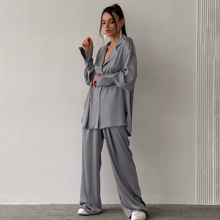 Effortless Satin Pajama Set for Women with Notch Collar Long Sleeve Wide Leg Relaxed Style