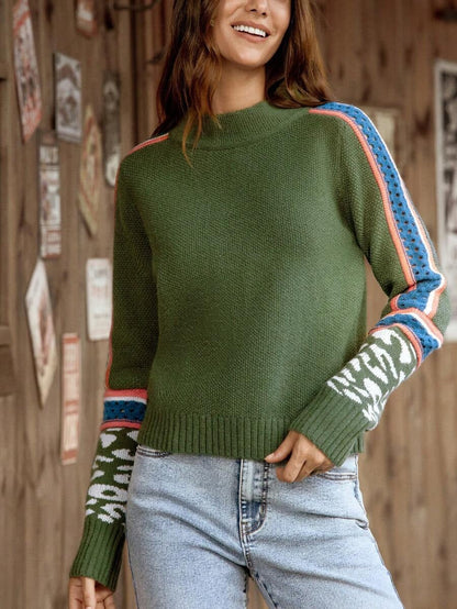 Cozy Green Mock Neck Sweater for Women with Striped Long Sleeve Knit Relaxed Style