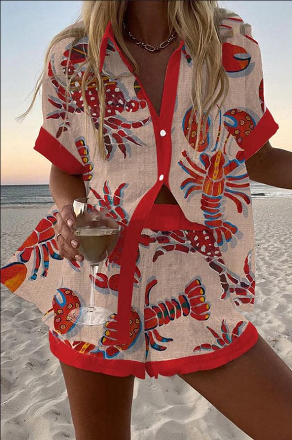 Brooke | Playful Lobster Print Beach Shorts Set