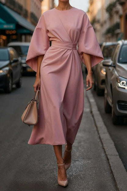 Elegant Belted Midi Dress for Women with Round Neck Bell Sleeve Wrap Flowing Style