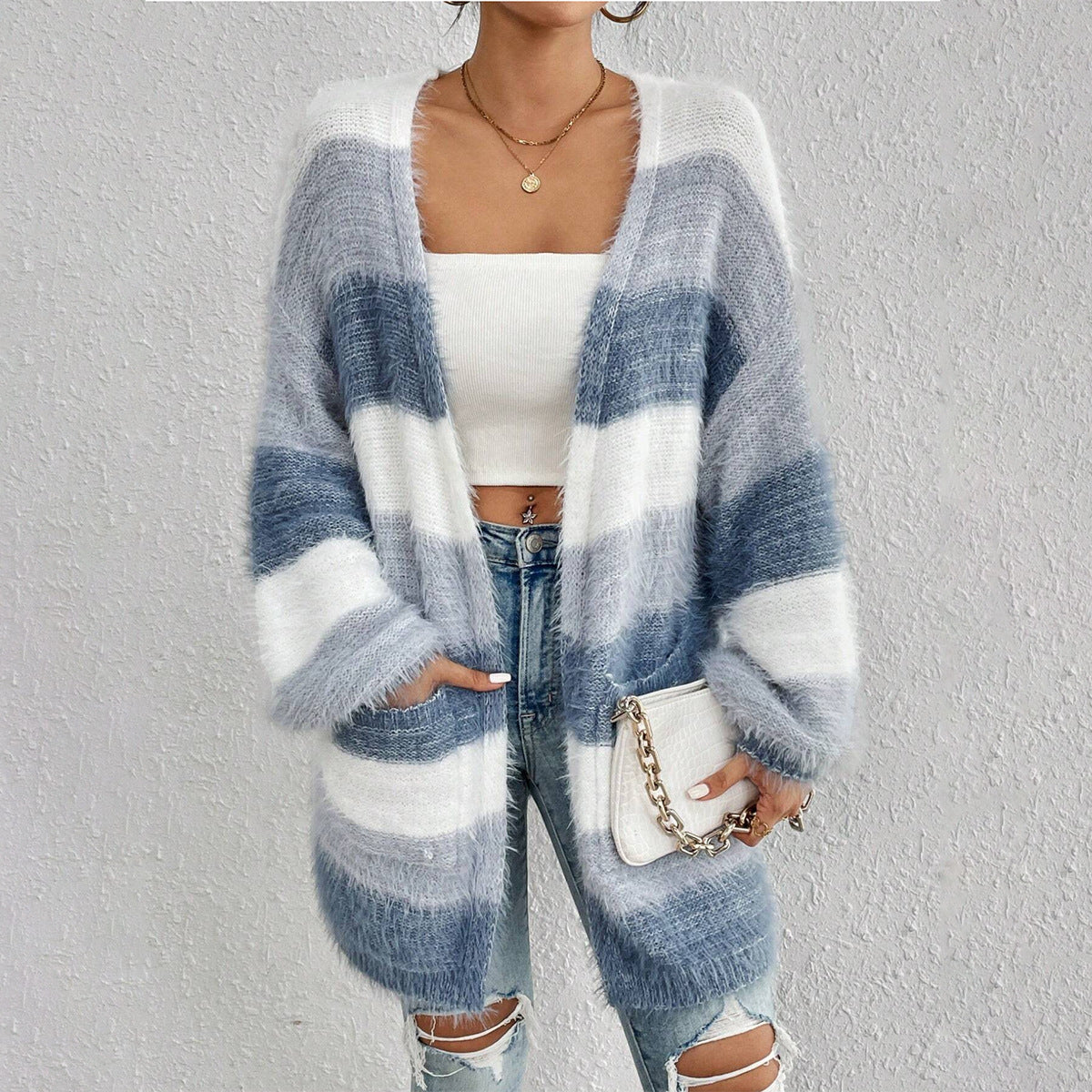 Cozy Fuzzy Knit Cardigan for Women with Open Front Long Sleeve Striped Oversized Style