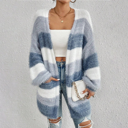 Cozy Fuzzy Knit Cardigan for Women with Open Front Long Sleeve Striped Oversized Style