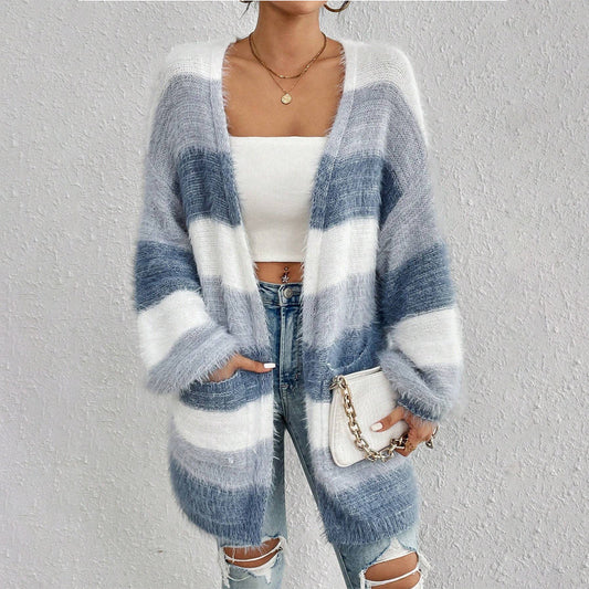 Cozy Fuzzy Knit Cardigan for Women with Open Front Long Sleeve Striped Oversized Style