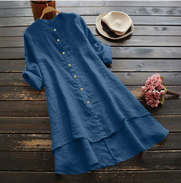 Effortless Linen Shirt Dress for Women with Button Down Layered Hem Design