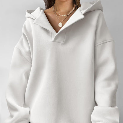 Comfortable Oversized Fleece Hoodie for Women with V Neck Long Sleeve Drop Shoulder Relaxed Style