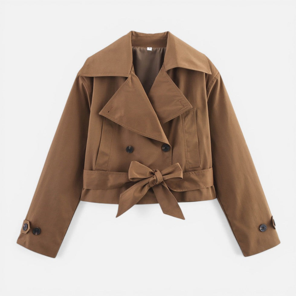 Effortless Cropped Trench Jacket for Women with Notch Collar Long Sleeve Double Breasted Belted Bow Style