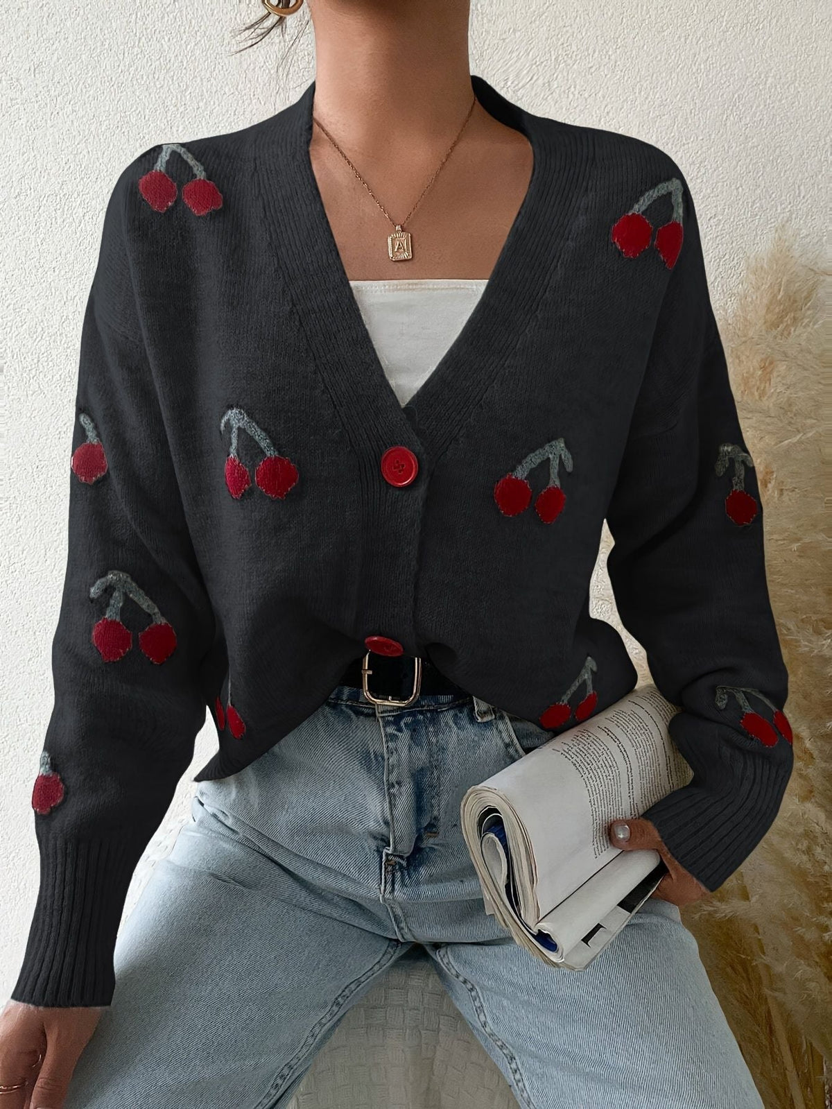 Cozy Knit Cardigan for Women with V Neck Long Sleeve Cherry Print Button Front Style
