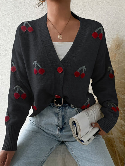 Cozy Knit Cardigan for Women with V Neck Long Sleeve Cherry Print Button Front Style