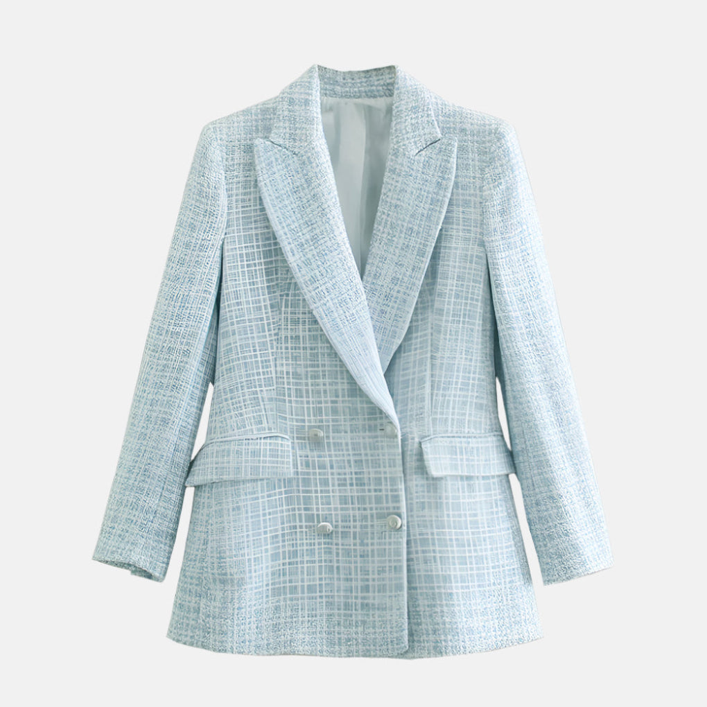 Elegant Tweed Blazer for Women with Peak Lapel Long Sleeve Double Breasted Fitted Style