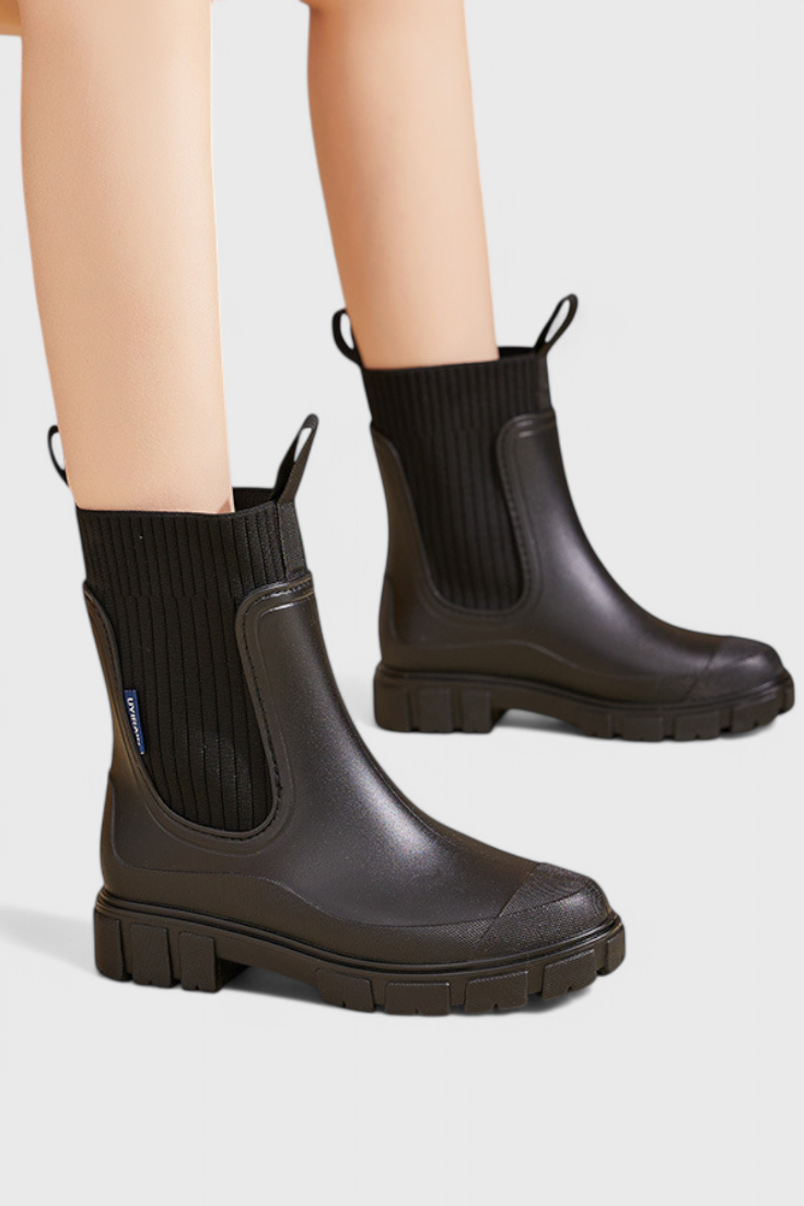 Stylish Ribbed Knit Waterproof Boots for Women with Chelsea Pull Tab Lug Sole Rain Style