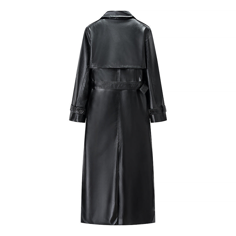 Elegant Black Faux Leather Trench Coat for Women with Notched Lapel Long Sleeve Belted Epaulette Maxi Style