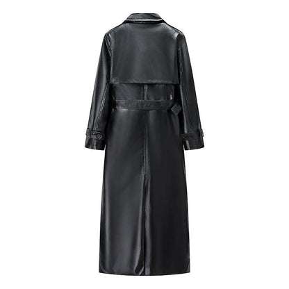 Elegant Black Faux Leather Trench Coat for Women with Notched Lapel Long Sleeve Belted Epaulette Maxi Style