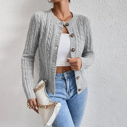 Cozy Cable Knit Cardigan for Women with Round Neck Long Sleeve Button Up Fitted Style