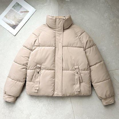 Cozy Puffer Jacket for Women with High Stand Collar Long Sleeve Zip Up Padded Short Style