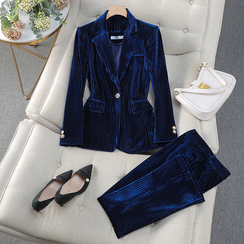 Elegant Velvet Blazer Pants Set for Women with Notched Lapel Long Sleeve Single Button Suit Style