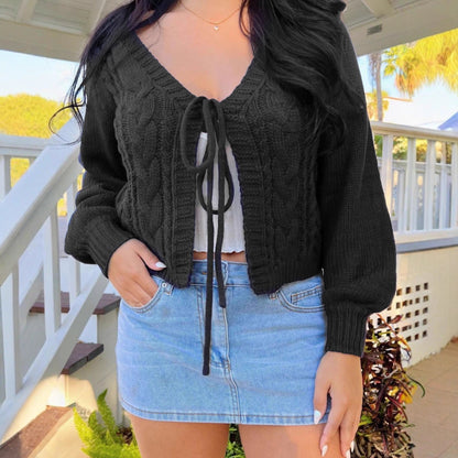 Cozy Cable Knit Cardigan for Women with V Neck Long Sleeve Tie Front Cropped Style