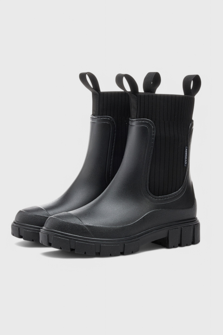 Stylish Ribbed Knit Waterproof Boots for Women with Chelsea Pull Tab Lug Sole Rain Style