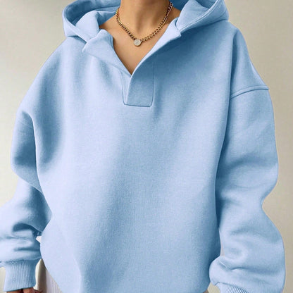 Comfortable Oversized Fleece Hoodie for Women with V Neck Long Sleeve Drop Shoulder Relaxed Style
