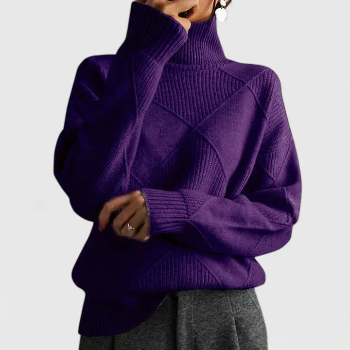 Comfortable Diamond Quilted Sweatshirt for Women with Turtleneck Long Sleeve Relaxed Oversized Knit Style