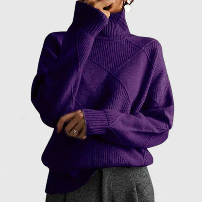 Comfortable Diamond Quilted Sweatshirt for Women with Turtleneck Long Sleeve Relaxed Oversized Knit Style