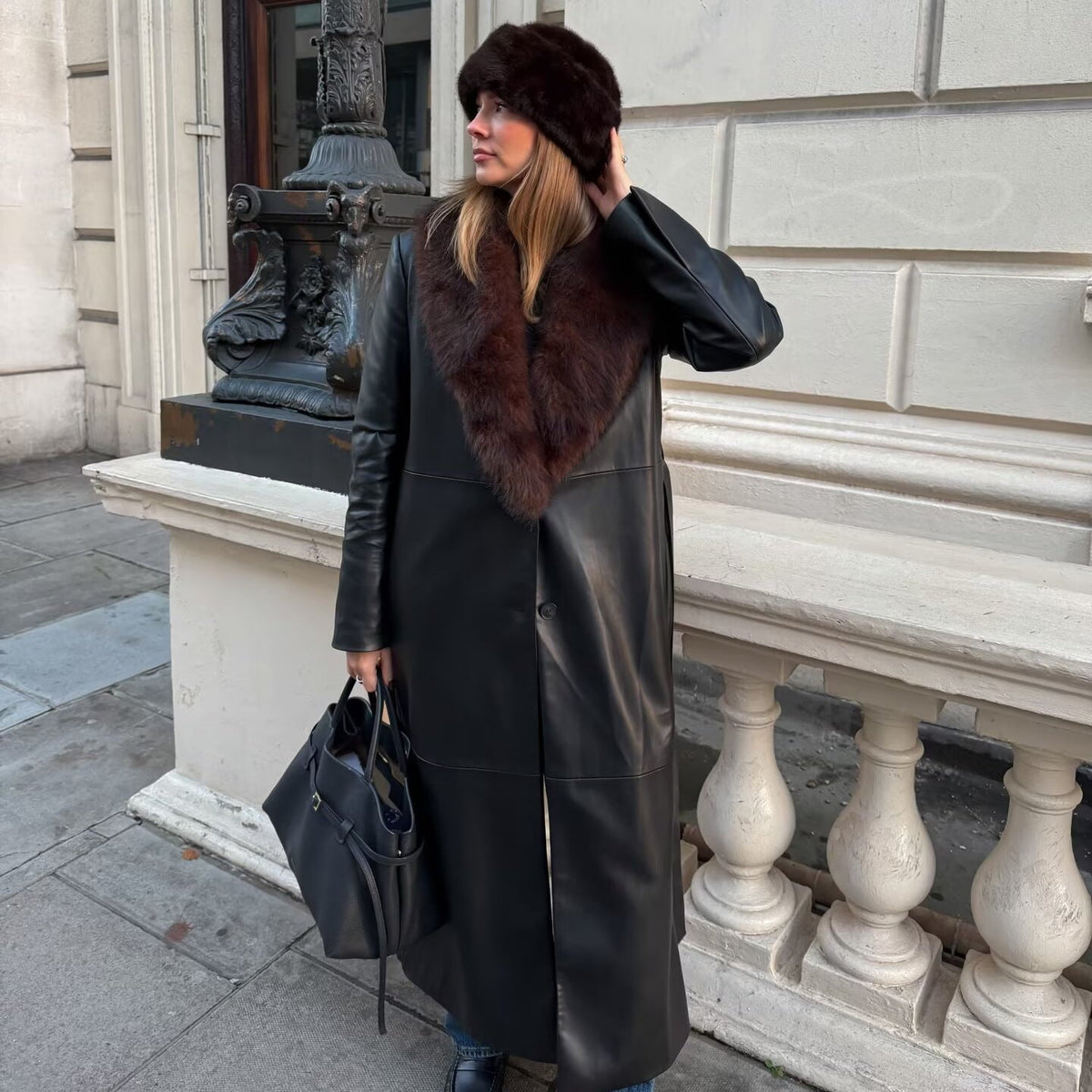 Elegant Black Faux Leather Maxi Coat for Women with Faux Fur Collar Long Sleeve Tie Belt Removable Style